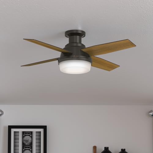 Hunter Fan Dempsey Low Profile Ceiling Fans with Lights and Remote, Flush Mount Ceiling Fan with Lights, Metal, Brushed Nickel Finish, 44 Inch LED
