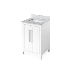 Jeffrey Alexander VKITCAD24WHWCR 24" White Cade Vanity, White Carrara Marble Vanity Top, undermount rectangle bowl