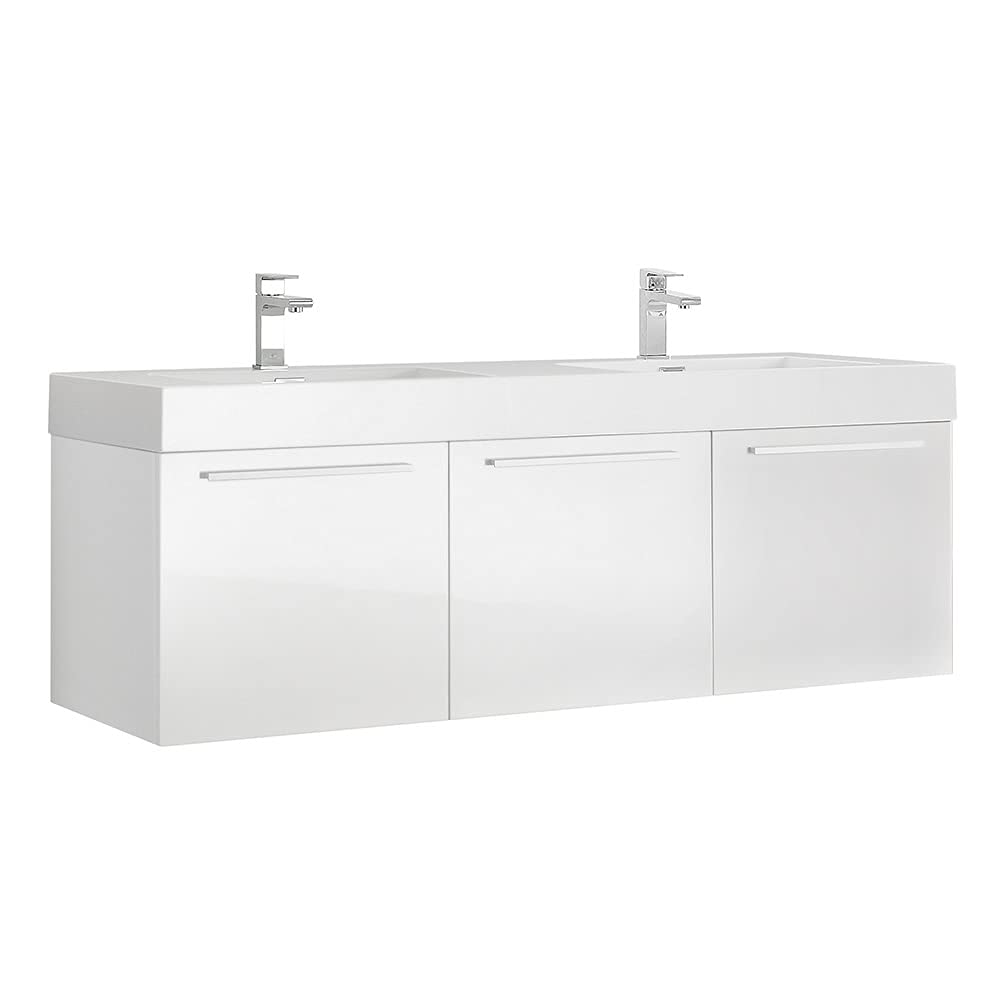 Fresca FCB8093WH-D Fresca Vista 60" White Wall Hung Double Sink Modern Bathroom Cabinet