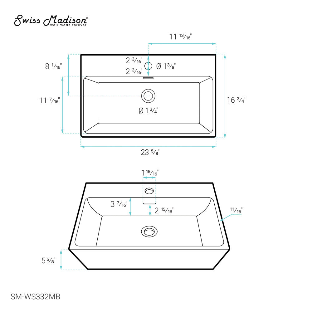 Claire 24" Rectangle Wall-Mount Bathroom Sink in Matte Black