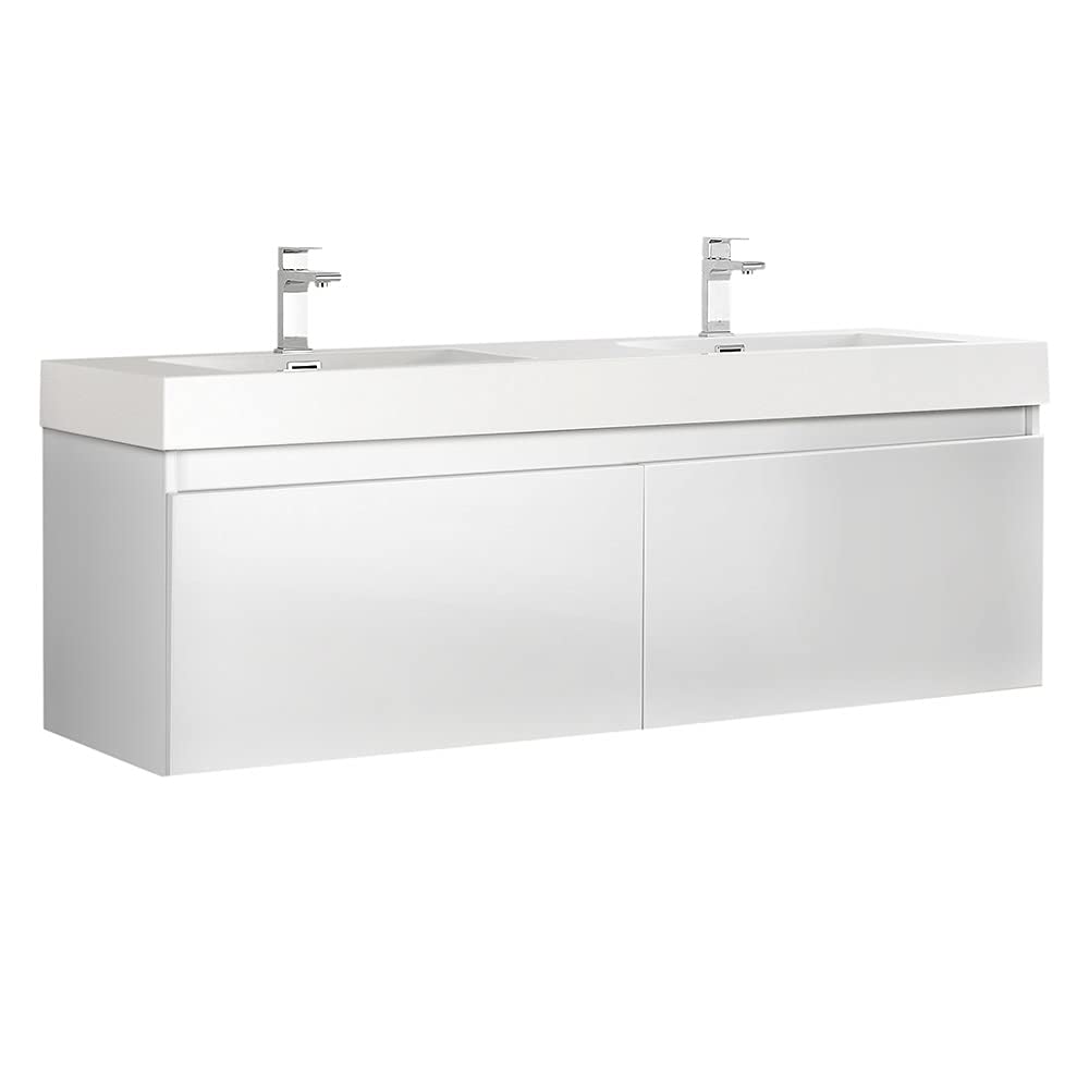 Fresca FCB8042WH-I Fresca Mezzo 60" White Wall Hung Double Sink Modern Bathroom Cabinet w/ Integrated Sink