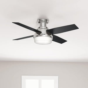 Hunter Fan Dempsey Low Profile Ceiling Fans with Lights and Remote, Flush Mount Ceiling Fan with Lights, Metal, Brushed Nickel Finish, 44 Inch LED