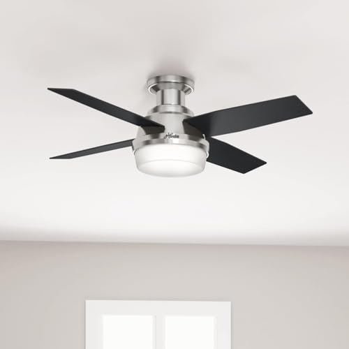 Hunter Fan Dempsey Low Profile Ceiling Fans with Lights and Remote, Flush Mount Ceiling Fan with Lights, Metal, Brushed Nickel Finish, 44 Inch LED