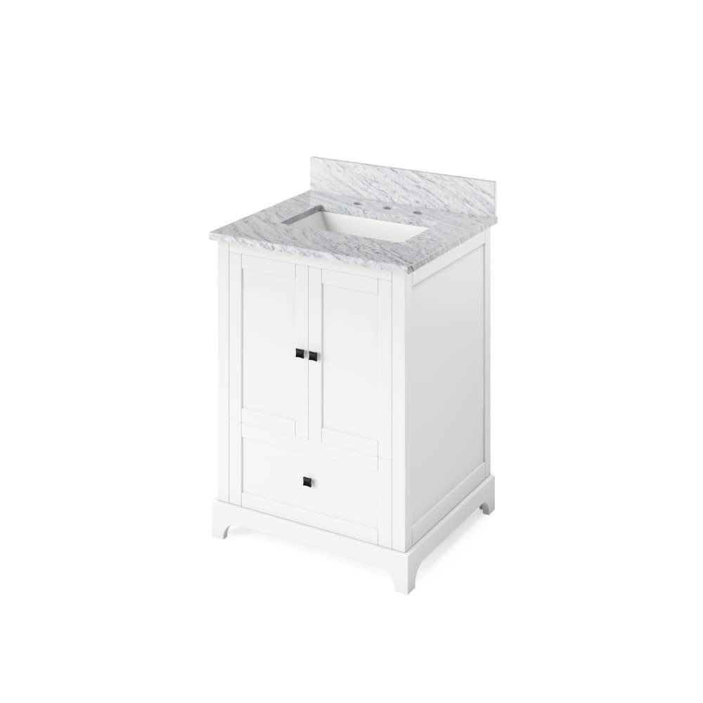 Jeffrey Alexander VKITADD24WHWCR 24" White Addington Vanity, White Carrara Marble Vanity Top, undermount rectangle bowl