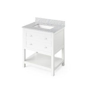 Jeffrey Alexander VKITAST30WHWCR 30" White Astoria Vanity, White Carrara Marble Vanity Top, undermount rectangle bowl
