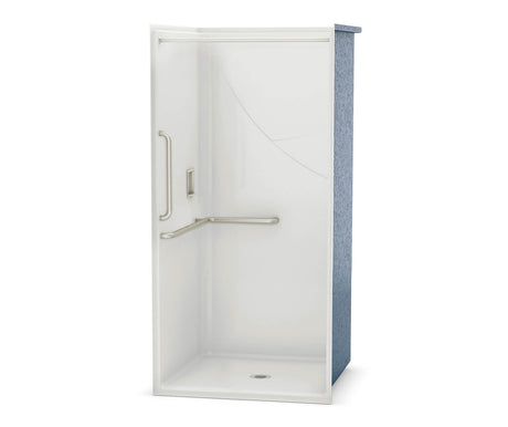 Aker OPS-3636 AcrylX Alcove Center Drain One-Piece Shower in White - L-shaped and Vertical Grab Bar