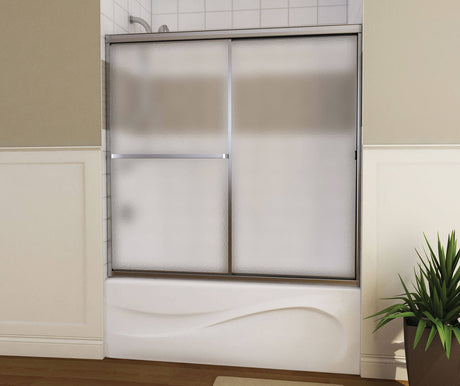 MAAX 105409-965-170-000 Mika 54 - 59 ½ x 55 in Sliding Tub Door for Alcove Installation with Hammer glass in Mat Silver