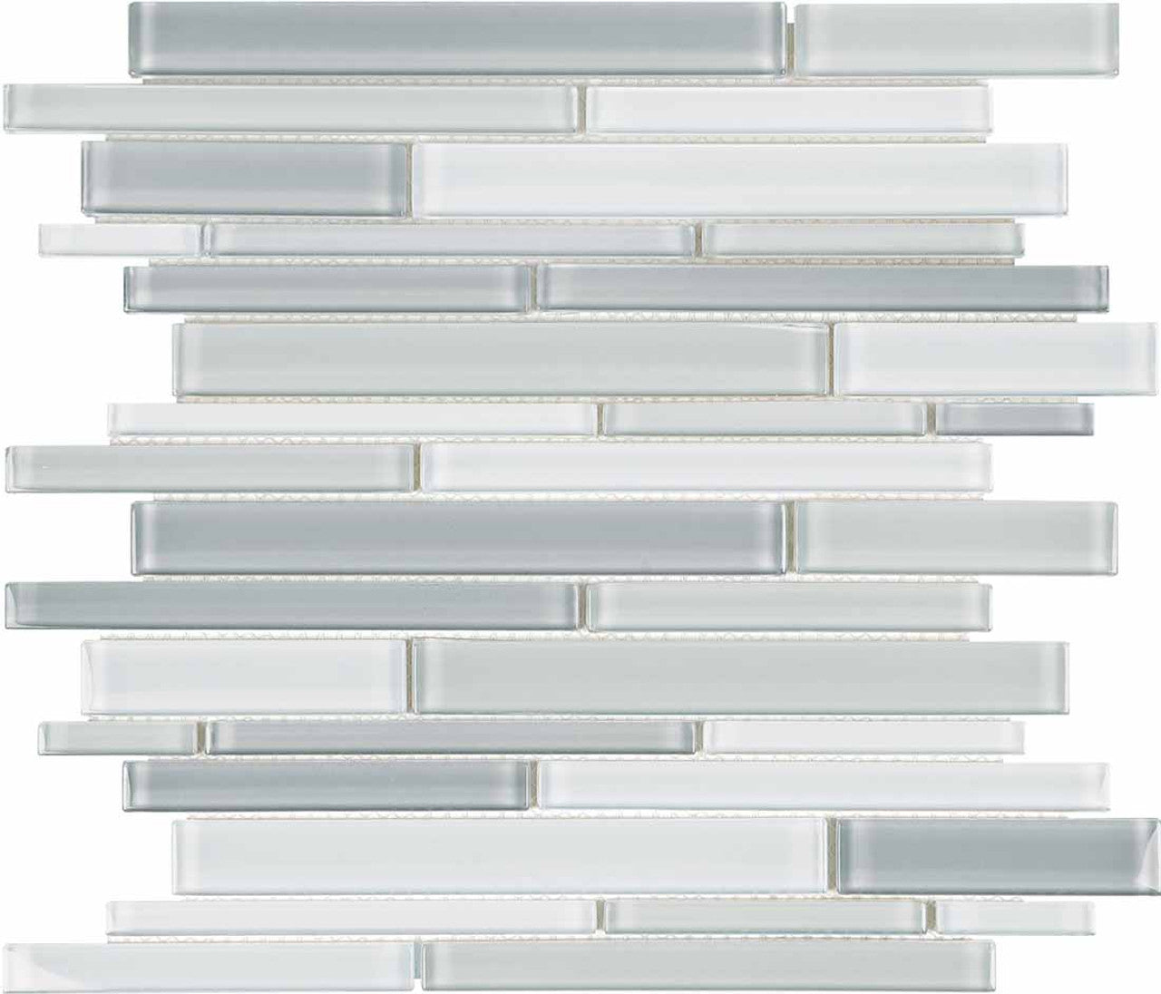 Anatolia Tile Element Grey Blend Random Strip Glass Mosaics. 1 Sheet = .96 Sq. Ft. 3001-0039-0 (35-096)  - premium natural stone mosaic tile from Anatolia Tile, available at PoshHaus showroom in Keene, NH