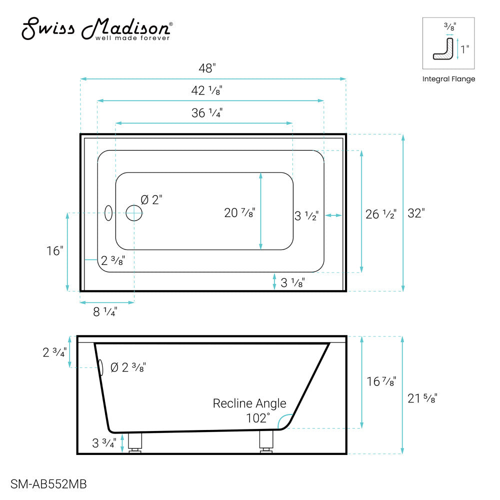 Voltaire 48" X 32" Left-Hand Drain Alcove Bathtub with Apron in Matte Black