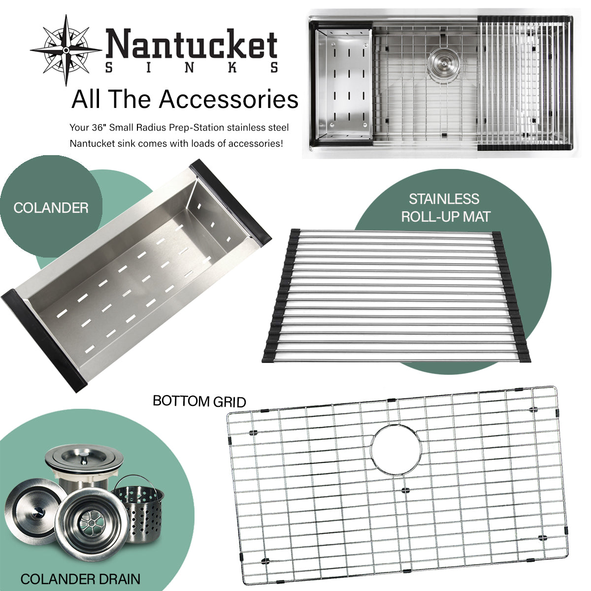 Nantucket Sinks' SR-PS-3620-16 - 36 Inch Pro Series Large Prep Station Single Bowl Undermount Stainless Steel Kitchen Sink with Compatible Accessories