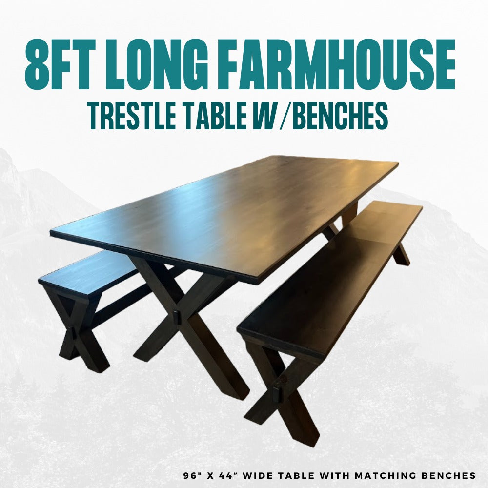 Mountain View Woodworking 96" x 44" FarmHouse Trestle Table w/Benches