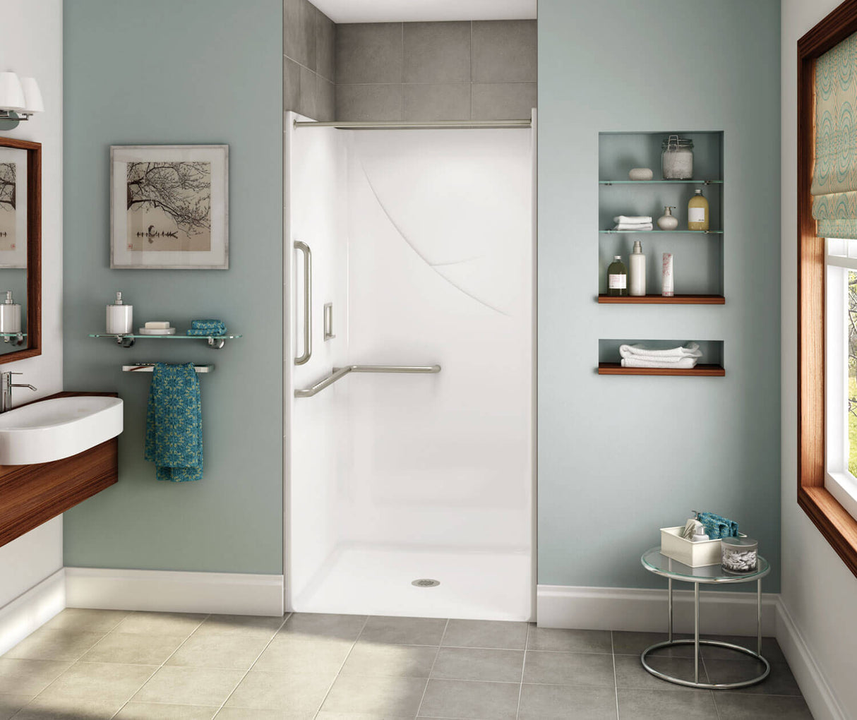 Aker OPS-3636-RS AcrylX Alcove Center Drain One-Piece Shower in Thunder Grey - L-shaped and Vertical Grab Bar