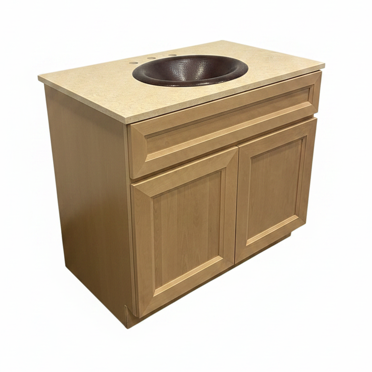 37" Glorious J&K Cabinetry Natural Wood Vanity with Custom Marble Top & Native Trails Copper Vessel Sink