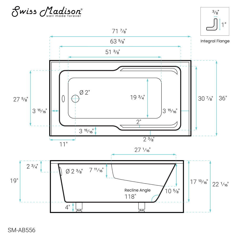 Voltaire 72" x 36" Left-Hand Drain Alcove Bathtub with Apron