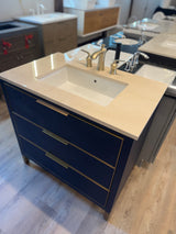 36" Navy Vanity Set with Tan Marble Vanity Top with Brass Widespread Faucet