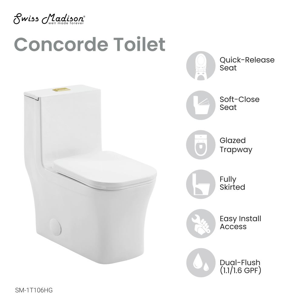 Concorde One Piece Square Toilet Dual Flush, Brushed Gold Hardware 1.1/1.6 gpf