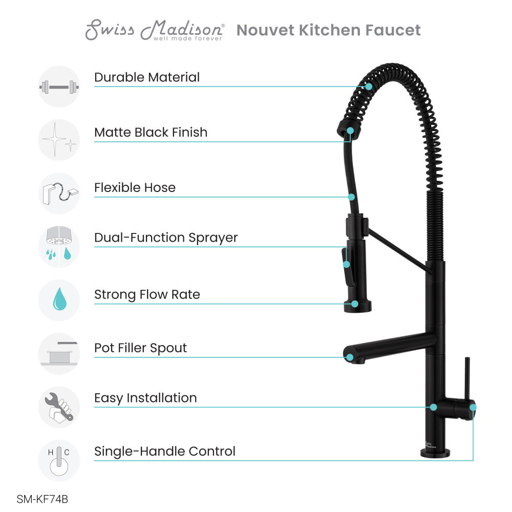 Nouvet Single Handle, Pull-Down Kitchen Faucet with Pot Filler in Matte Black