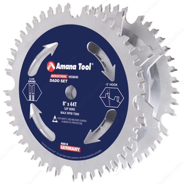 Amana AT658040 658040 Carbide Tipped Dado 8 Inch Dia x 44T H-ATB -5 Deg, 5/8 Bore, Dado Set with Five 4-Wing Chippers
