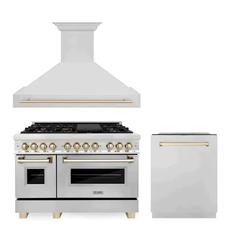 ZLINE Autograph Edition 48 in. Kitchen Package with Stainless Steel Dual Fuel Range, Range Hood and Dishwasher with Polished Gold Accents (3AKP-RARHDWM48-G)