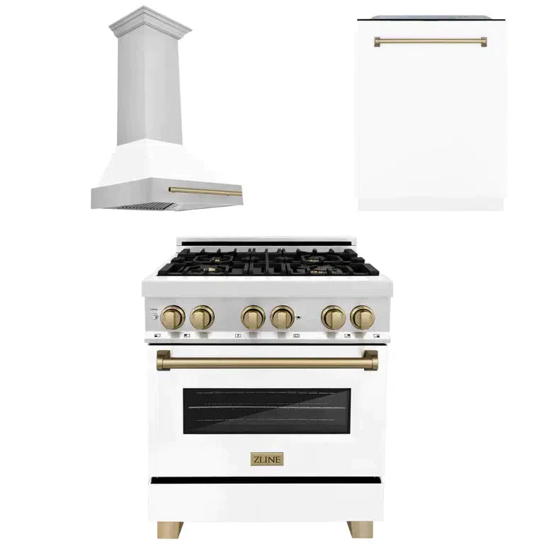 ZLINE Autograph Edition 30 in. Kitchen Package with Stainless Steel Dual Fuel Range with White Matte Door, Range Hood and Dishwasher with Champagne Bronze Accents (3AKP-RAWMRHDWM30-CB)