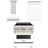 ZLINE Autograph Edition 30 in. Kitchen Package with Stainless Steel Dual Fuel Range with White Matte Door, Range Hood and Dishwasher with Polished Gold Accents (3AKP-RAWMRHDWM30-G)