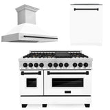 ZLINE Autograph Edition 48 in. Kitchen Package with Stainless Steel Dual Fuel Range with White Matte Door, Range Hood and Dishwasher with Matte Black Accents (3AKP-RAWMRHDWM48-MB)
