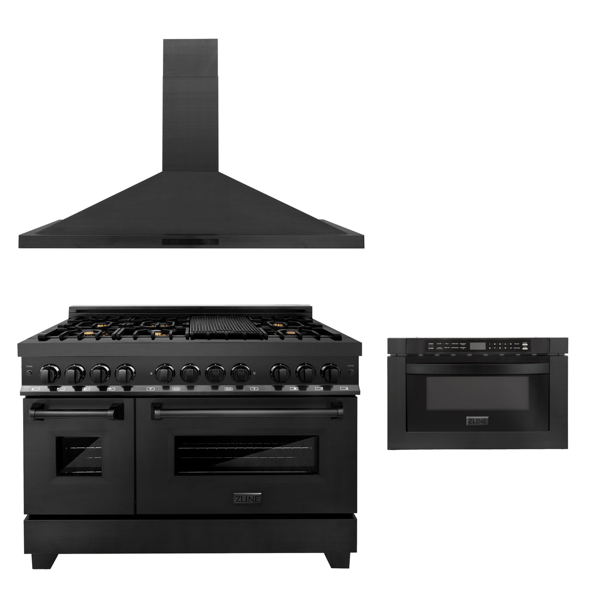 ZLINE 48 in. Kitchen Package with Black Stainless Steel Dual Fuel Range, Convertible Vent Range Hood and Microwave Drawer (3KP-RABRH48-MW)