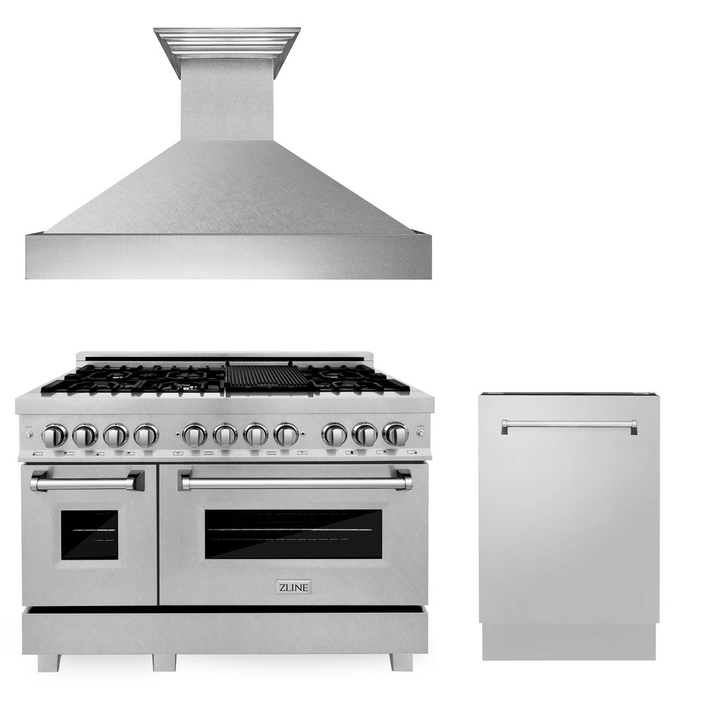 ZLINE 48 in. Kitchen Package with DuraSnow® Stainless Dual Fuel Range, Ducted Vent Range Hood and Tall Tub Dishwasher (3KP-RASRH48-DWV)