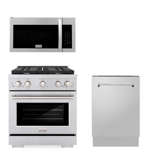 ZLINE 30 in. Kitchen Package with Stainless Steel Gas Range, Modern Over The Range Microwave and Tall Tub Dishwasher (3KP-SGROTR30-DWV)