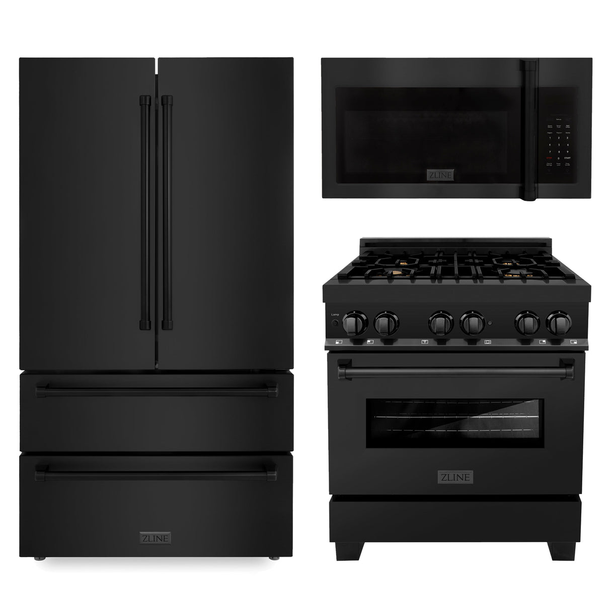 ZLINE Kitchen Package with Black Stainless Steel Refrigeration, 30 in. Dual Fuel Range and 30 in. Traditional Over the Range Microwave (3KPR-RABOTRH30)