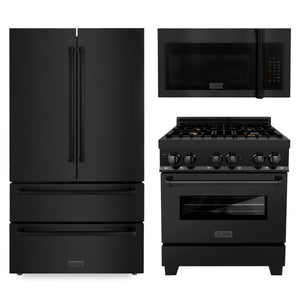 ZLINE Kitchen Package with Black Stainless Steel Refrigerator, 30 in. Dual Fuel Range and 30 in. Traditional Over the Range Microwave (3KPR-RABOTRH30)