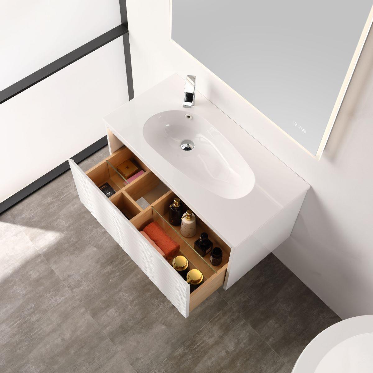 Blossom Voyage 36″ Vanity with Droplet-Shaped Basin - LED Illuminated & Wave-Shaped Front Design
