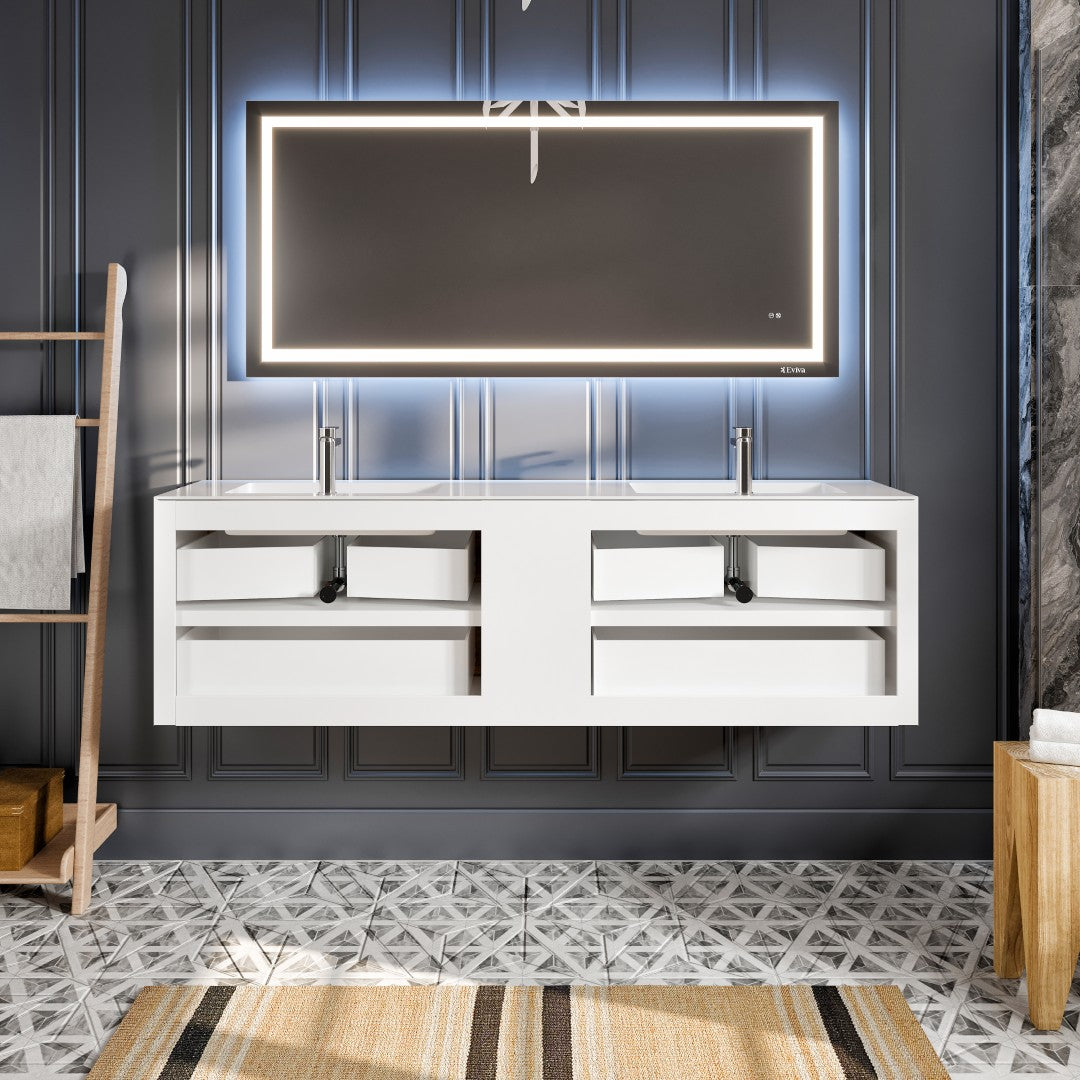 Vienna 75 in. Oak Wall Mount Double Sink  Bath Vanity with Acrylic Top and Integrated Sinks