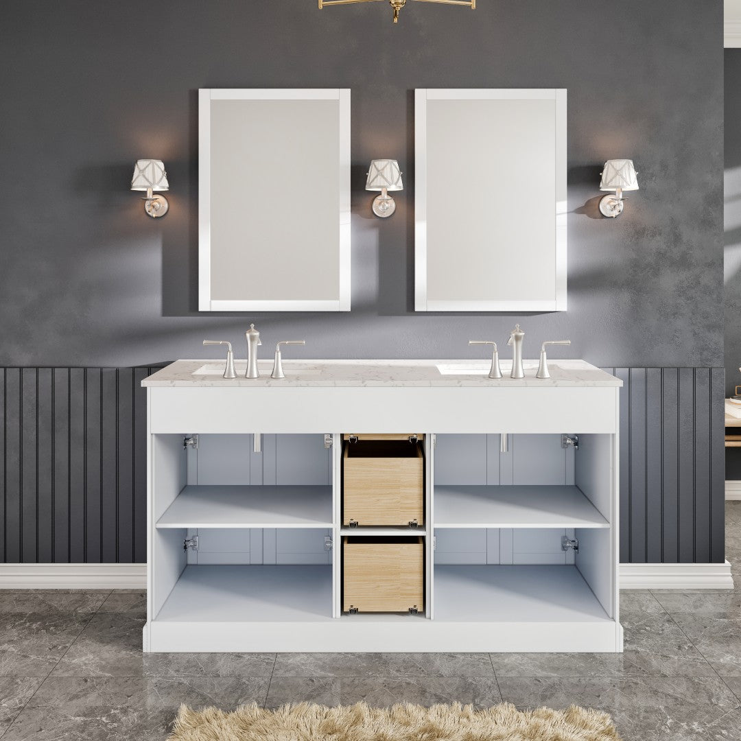 Epic 60 in. White Double Sink  Bath Vanity with Carrara Quartz Top and Undermount Porcelain Sinks