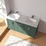 New England Home Goods 60" Green Wood Double Sink Bathroom Vanity with Quartz Top