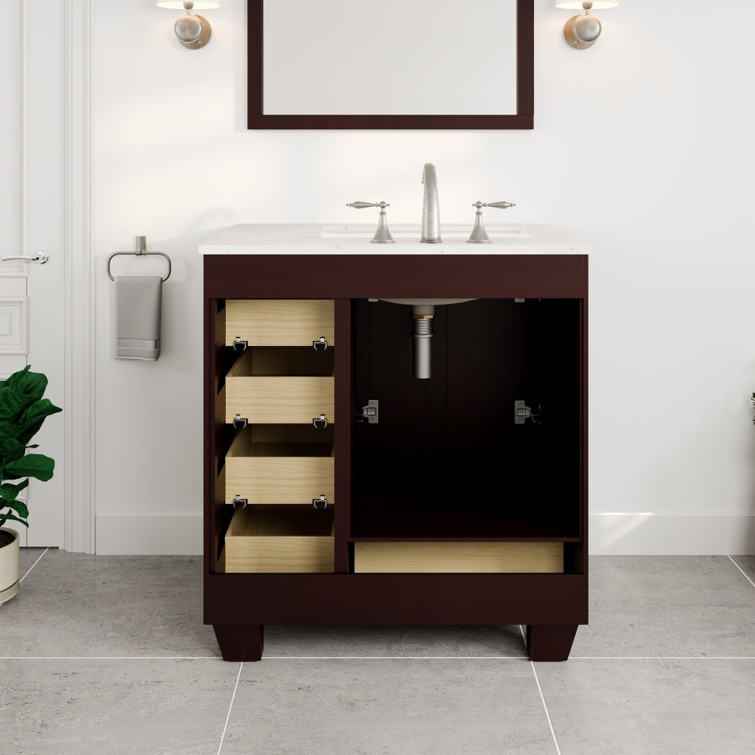 Acclaim 30 in. Teak Single Sink Bath Vanity with Carrara Quartz Top and Undermount Porcelain Sink