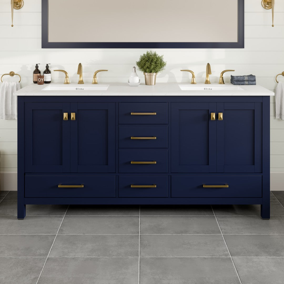 Aberdeen 72 in. Blue Double Sink  Bath Vanity with Carrara Quartz Top and Undermount Porcelain Sinks