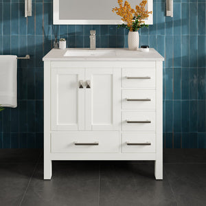 London 36 in. White Single Sink Bath Vanity with Carrara Quartz Top and Undermount Porcelain Sink