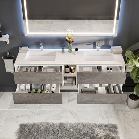 Vienna 75 in. Concrete Gray Wall Mount Double Sink  Bath Vanity with Acrylic Top and Integrated Sinks