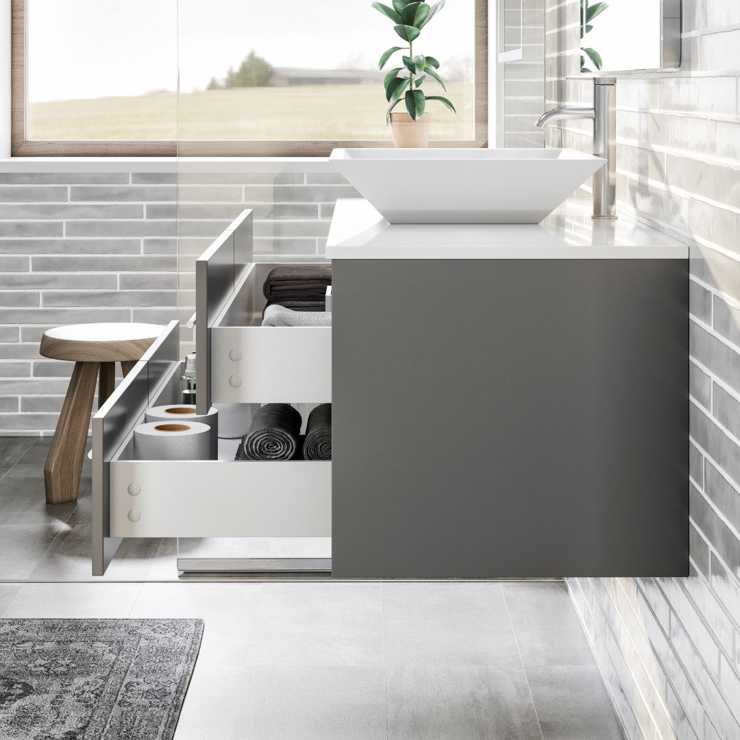 Wave 36 in. Gray Wall Mount Single Sink Bath Vanity with White Quartz Top and Vessel Porcelain Sink