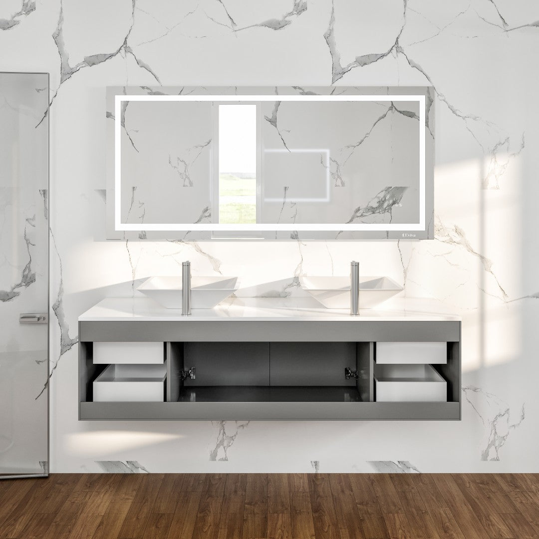 Wave 60 in. Gray Wall Mount Double Sink  Bath Vanity with White Quartz Top and Vessel Porcelain Sinks