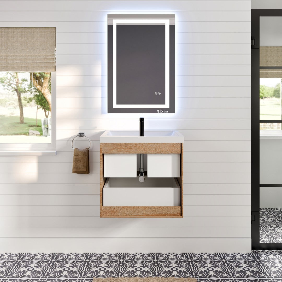 Smile 24 in. White Oak Wall Mount Single Sink Bath Vanity with Acrylic Top and Integrated Sink
