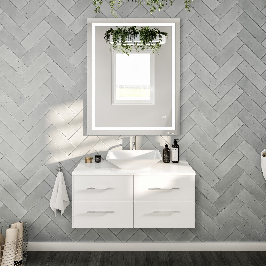 Wave 36 in. White Wall Mount Single Sink Bath Vanity with White Quartz Top and Vessel Porcelain Sink