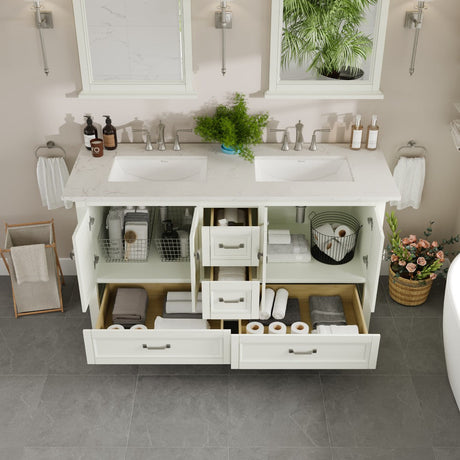 Britney 60 in. White Double Sink  Bath Vanity with Carrara Quartz Top and Undermount Porcelain Sinks