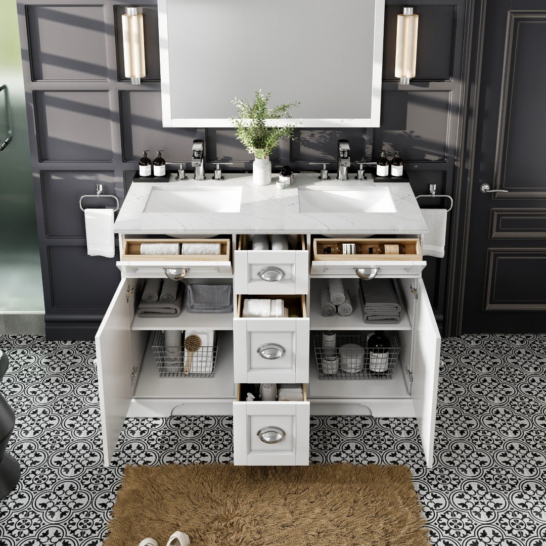 Epic 48 in. White Double Sink  Bath Vanity with Carrara Quartz Top and Undermount Porcelain Sinks