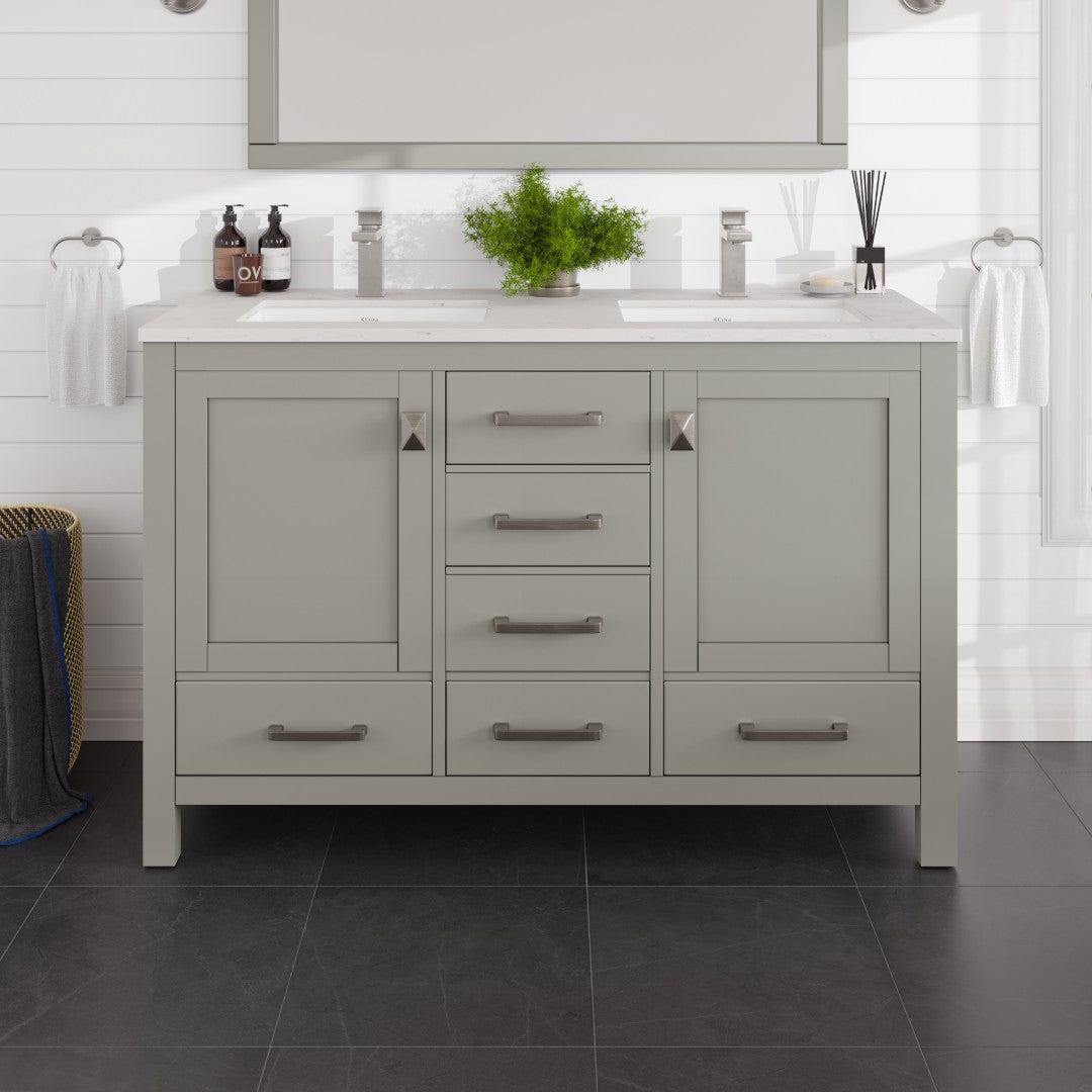 London 54 in. Gray Double Sink  Bath Vanity with Carrara Quartz Top and Undermount Porcelain Sinks