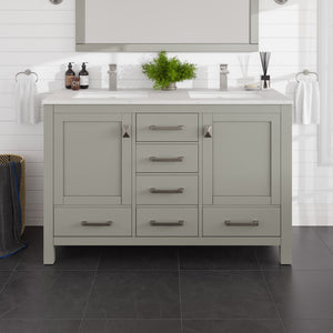 London 54 in. Gray Double Sink  Bath Vanity with Carrara Quartz Top and Undermount Porcelain Sinks