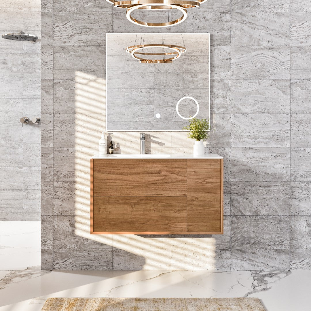 Prancer 44 in. Natural Oak Wall Mount Single Sink Bath Vanity with Solid Surface Top and Integrated Sink