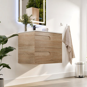Joy 32 in. Maple Wall Mount Single Sink Bath Vanity with Porcelain Top and Integrated Sink