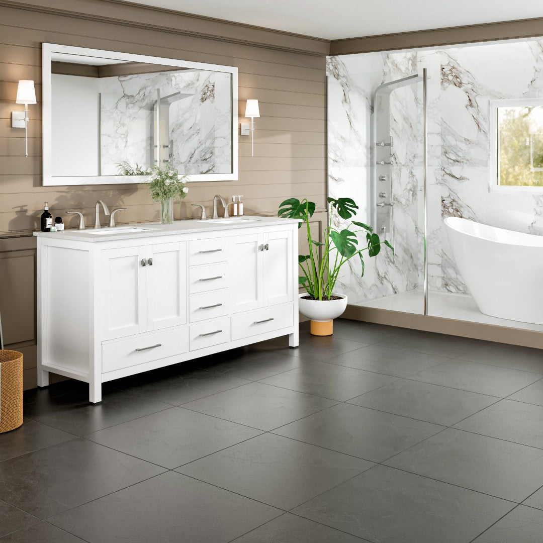 Aberdeen 72 in. White Double Sink  Bath Vanity with Carrara Quartz Top and Undermount Porcelain Sinks